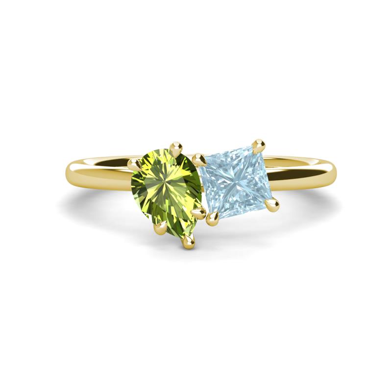 Zoya Pear Shape Peridot & Princess Shape Aquamarine 2 Stone Duo Ring 