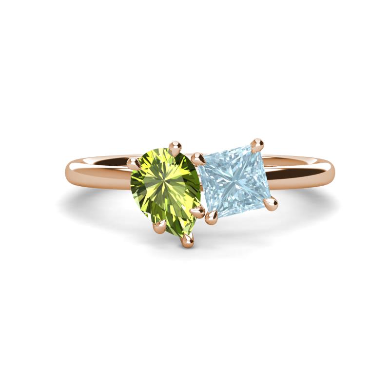 Zoya Pear Shape Peridot & Princess Shape Aquamarine 2 Stone Duo Ring 