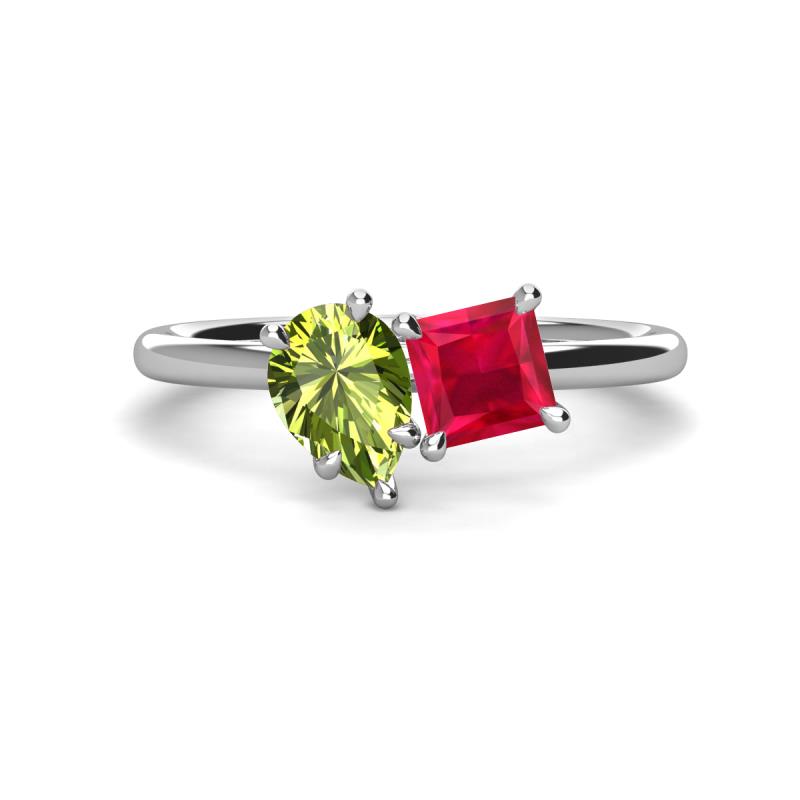 Zoya Pear Shape Peridot & Princess Shape Lab Created Ruby 2 Stone Duo Ring 