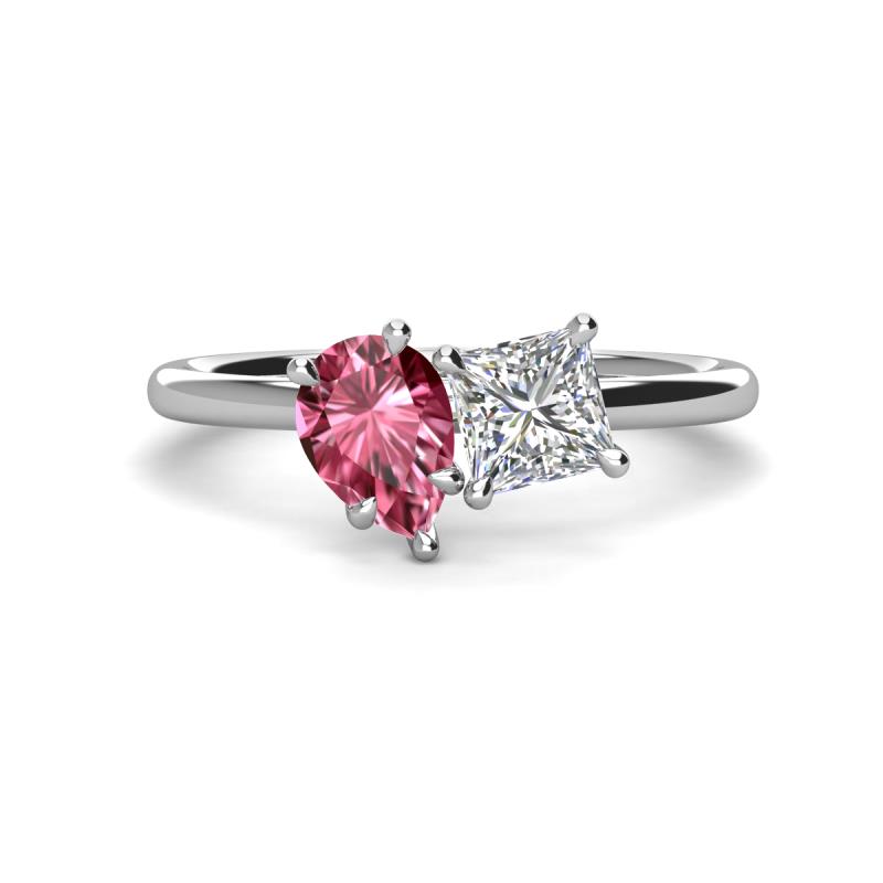 Zoya Pear Shape Pink Tourmaline & Princess Shape Certified Diamond 2 Stone Duo Ring 