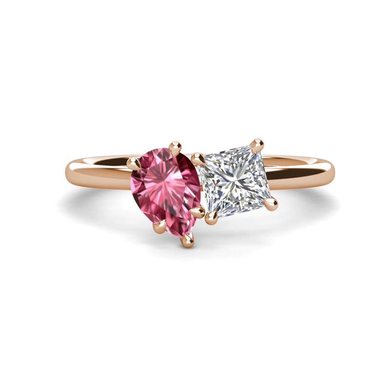 Zoya Pear Shape Pink Tourmaline & Princess Shape Certified Diamond 2 Stone Duo Ring 