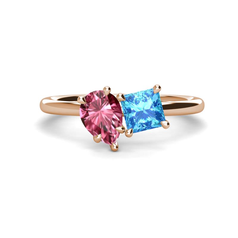 Zoya Pear Shape Pink Tourmaline & Princess Shape Blue Topaz 2 Stone Duo Ring 