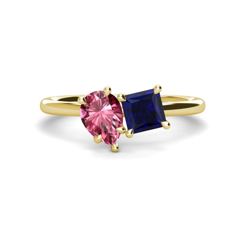 Zoya Pear Shape Pink Tourmaline & Princess Shape Lab Created Blue Sapphire 2 Stone Duo Ring 