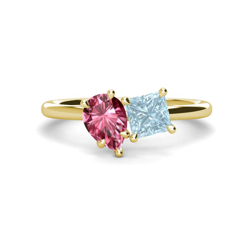 Zoya Pear Shape Pink Tourmaline & Princess Shape Aquamarine 2 Stone Duo Ring 
