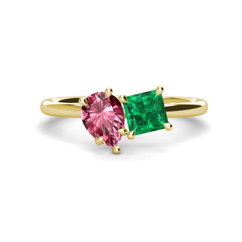 Zoya Pear Shape Pink Tourmaline & Princess Shape Lab Created Emerald 2 Stone Duo Ring 