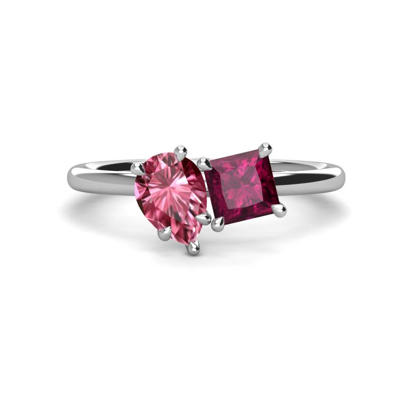Zoya Pear Shape Pink Tourmaline & Princess Shape Rhodolite Garnet 2 Stone Duo Ring 