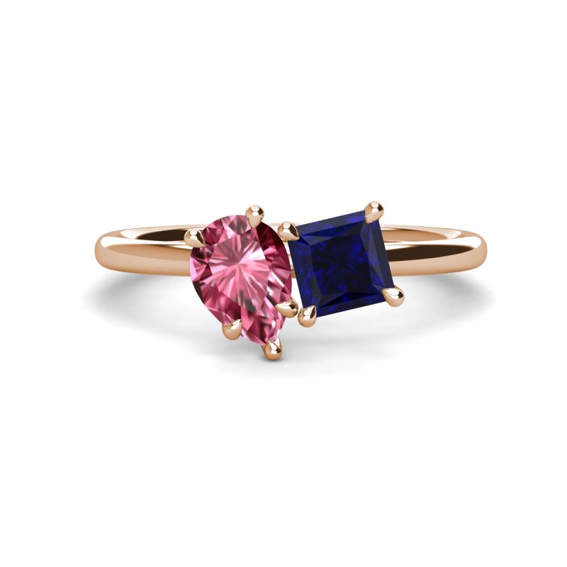 Zoya Pear Shape Pink Tourmaline & Princess Shape Lab Created Blue Sapphire 2 Stone Duo Ring 