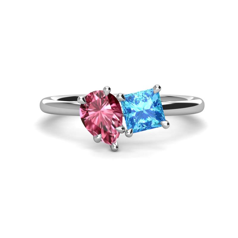 Zoya Pear Shape Pink Tourmaline & Princess Shape Blue Topaz 2 Stone Duo Ring 