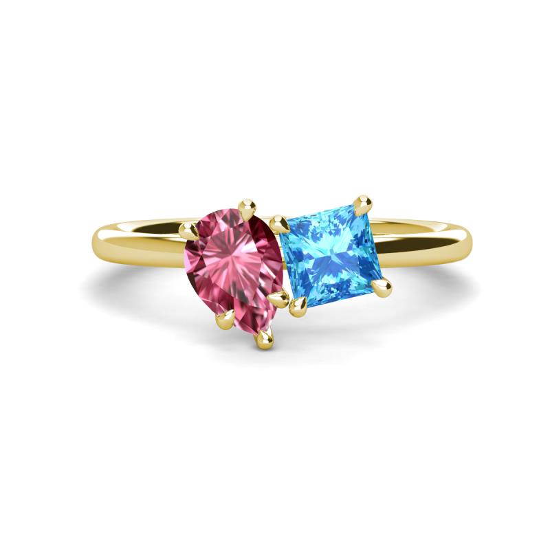 Zoya Pear Shape Pink Tourmaline & Princess Shape Blue Topaz 2 Stone Duo Ring 