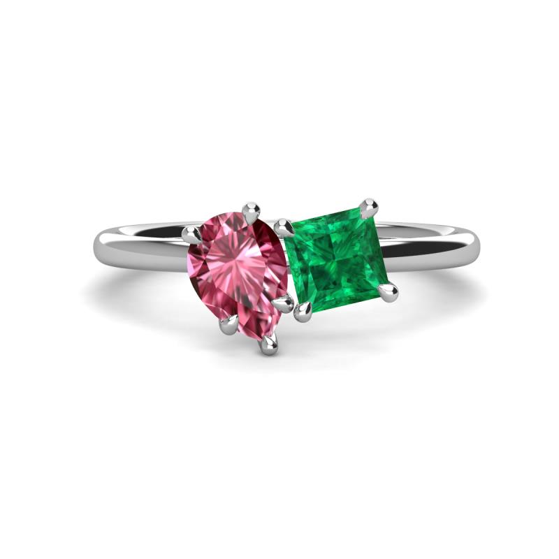 Zoya Pear Shape Pink Tourmaline & Princess Shape Lab Created Emerald 2 Stone Duo Ring 
