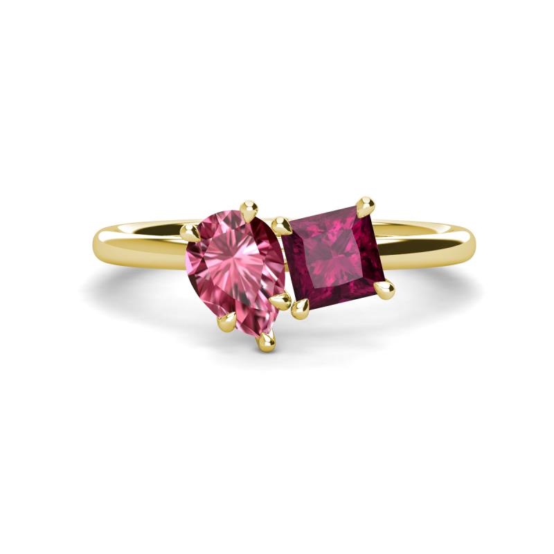 Zoya Pear Shape Pink Tourmaline & Princess Shape Rhodolite Garnet 2 Stone Duo Ring 
