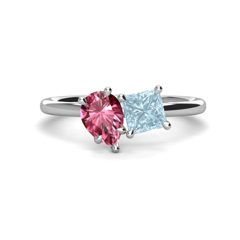 Zoya Pear Shape Pink Tourmaline & Princess Shape Aquamarine 2 Stone Duo Ring 