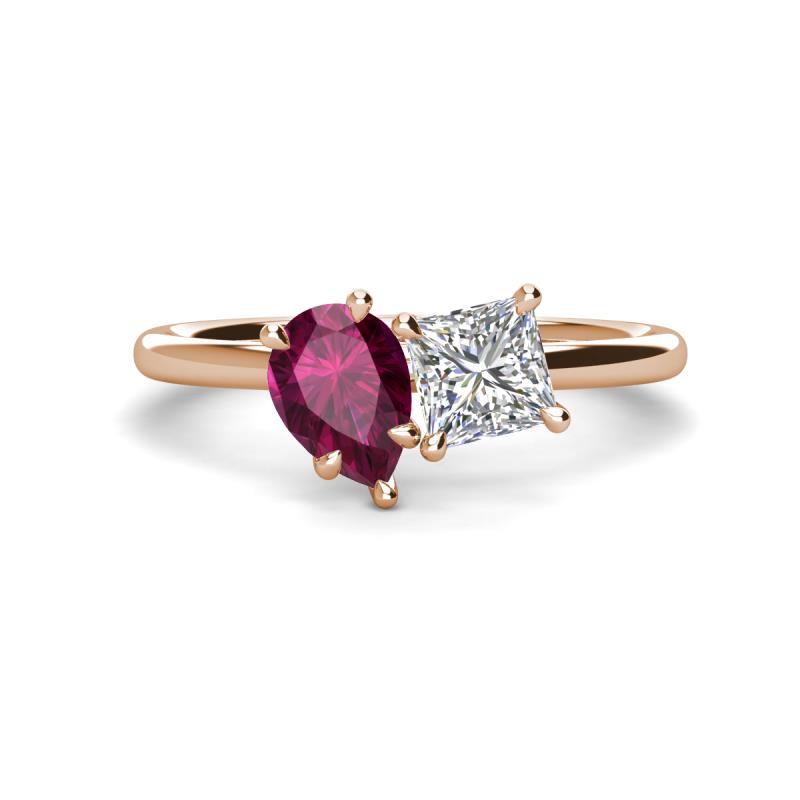 Zoya Pear Shape Rhodolite Garnet & Princess Shape Certified Diamond 2 Stone Duo Ring 