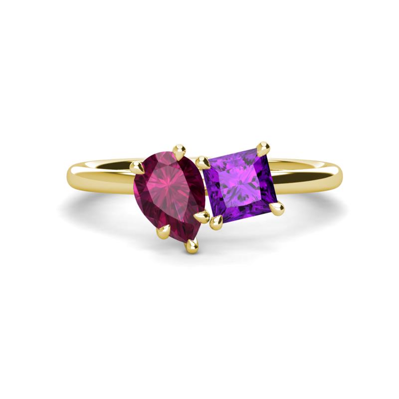 Zoya Pear Shape Rhodolite Garnet & Princess Shape Amethyst 2 Stone Duo Ring 