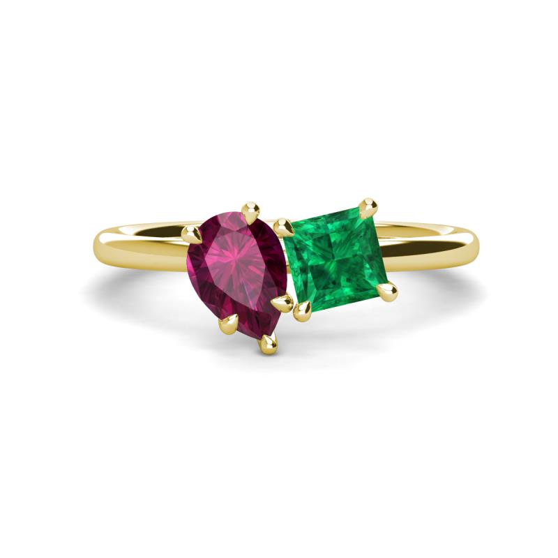 Zoya Pear Shape Rhodolite Garnet & Princess Shape Lab Created Emerald 2 Stone Duo Ring 