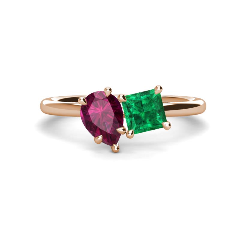 Zoya Pear Shape Rhodolite Garnet & Princess Shape Lab Created Emerald 2 Stone Duo Ring 