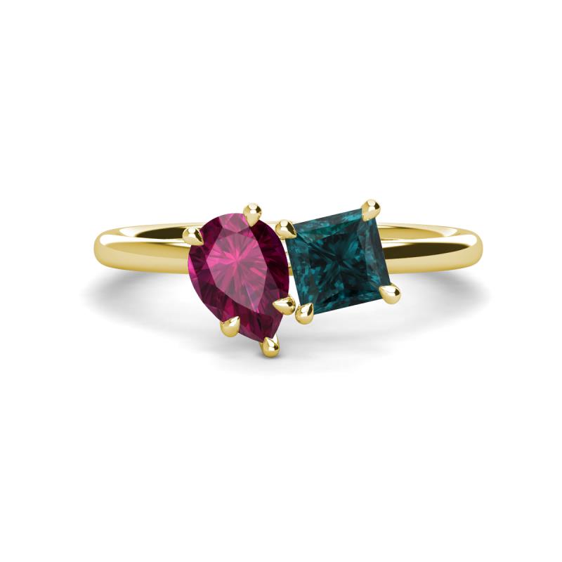 Zoya Pear Shape Rhodolite Garnet & Princess Shape London Blue Topaz 2 Stone Duo Ring 