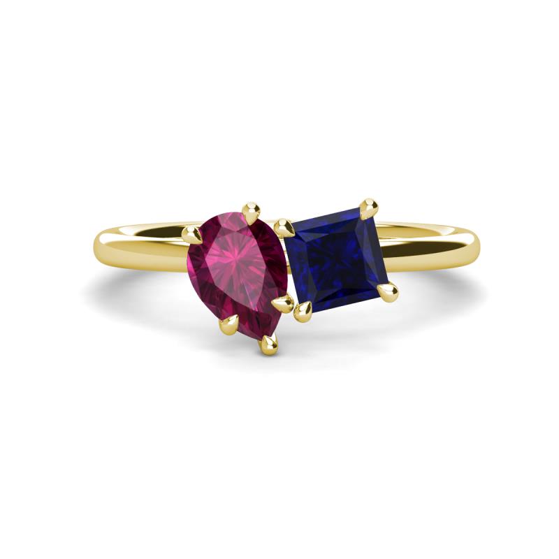 Zoya Pear Shape Rhodolite Garnet & Princess Shape Lab Created Blue Sapphire 2 Stone Duo Ring 