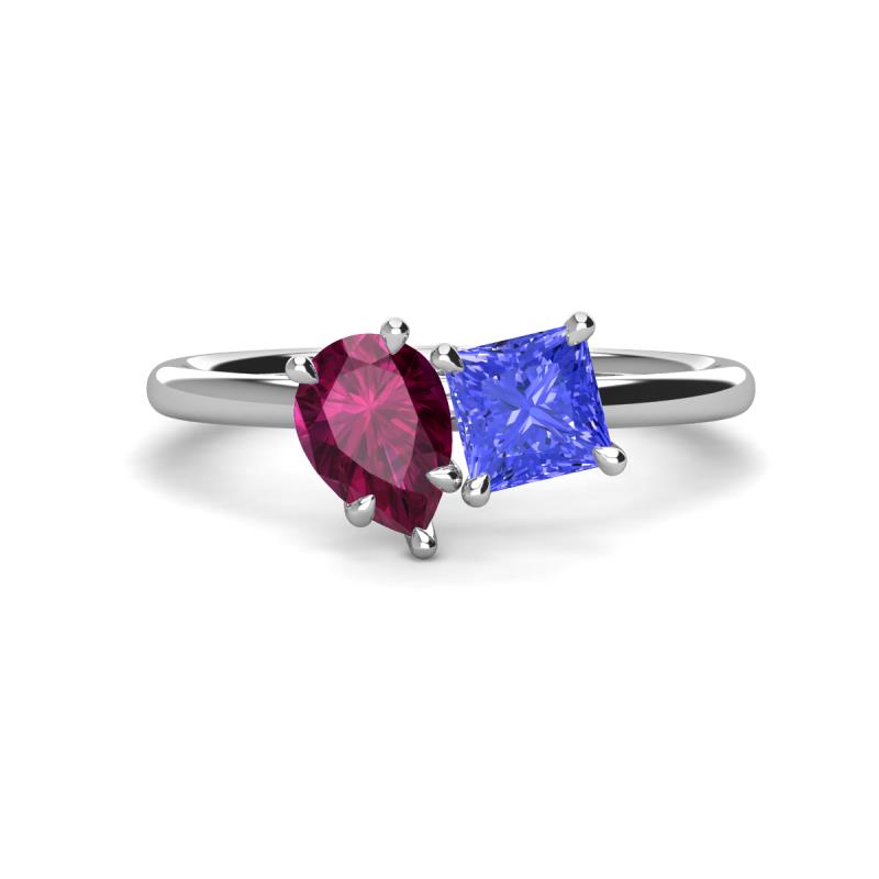Zoya Pear Shape Rhodolite Garnet & Princess Shape Tanzanite 2 Stone Duo Ring 