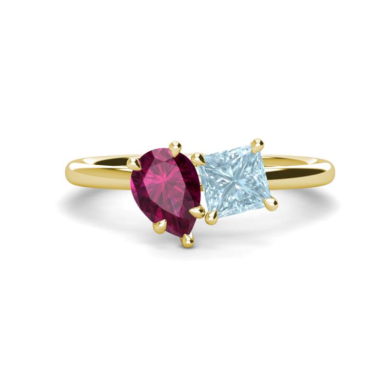 Zoya Pear Shape Rhodolite Garnet & Princess Shape Aquamarine 2 Stone Duo Ring 