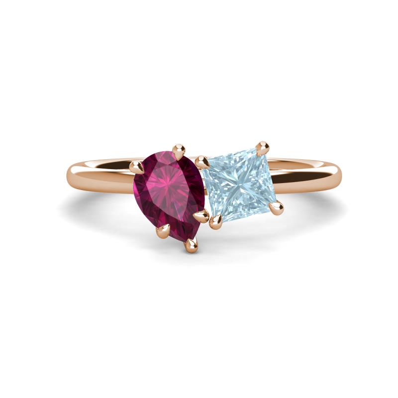 Zoya Pear Shape Rhodolite Garnet & Princess Shape Aquamarine 2 Stone Duo Ring 