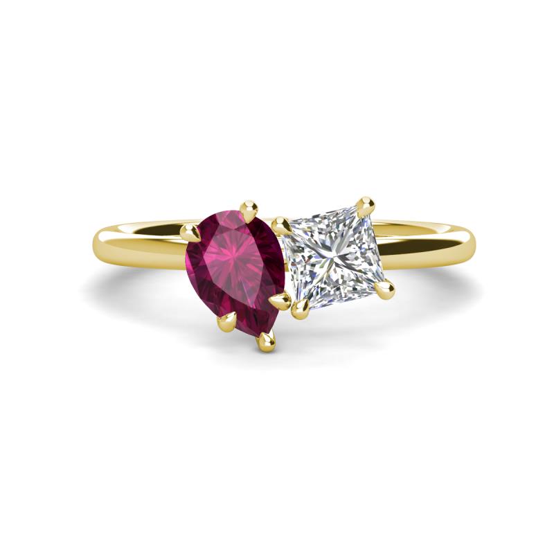 Zoya Pear Shape Rhodolite Garnet & Princess Shape GIA Certified Diamond 2 Stone Duo Ring 