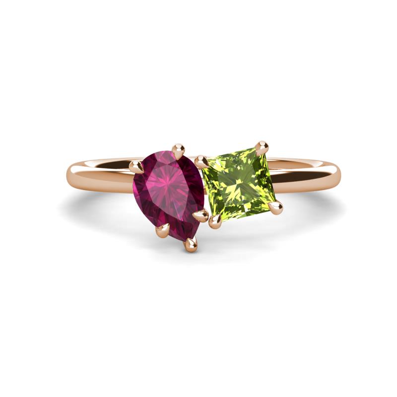 Zoya Pear Shape Rhodolite Garnet & Princess Shape Peridot 2 Stone Duo Ring 