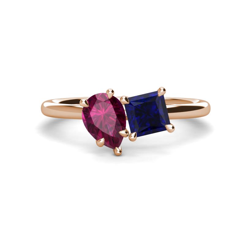 Zoya Pear Shape Rhodolite Garnet & Princess Shape Lab Created Blue Sapphire 2 Stone Duo Ring 