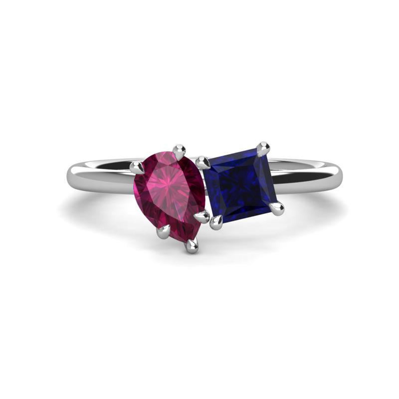 Zoya Pear Shape Rhodolite Garnet & Princess Shape Lab Created Blue Sapphire 2 Stone Duo Ring 