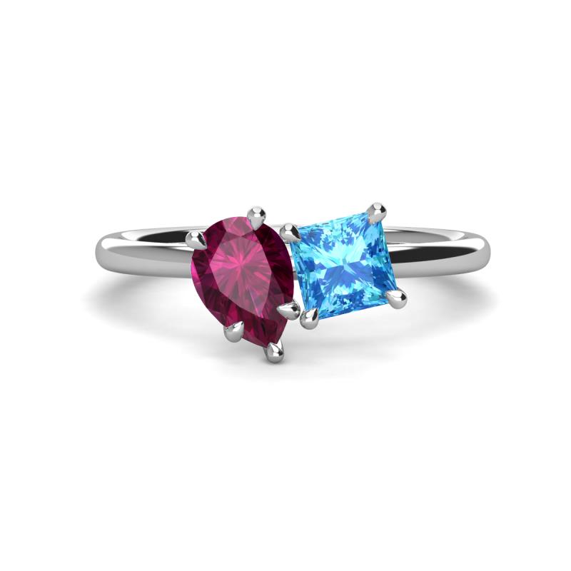 Zoya Pear Shape Rhodolite Garnet & Princess Shape Blue Topaz 2 Stone Duo Ring 