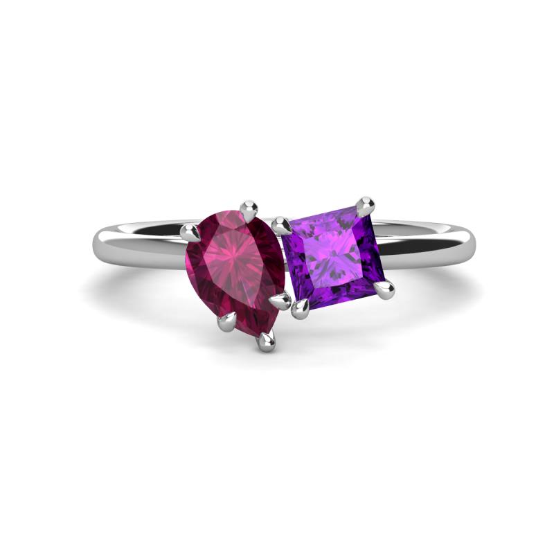 Zoya Pear Shape Rhodolite Garnet & Princess Shape Amethyst 2 Stone Duo Ring 