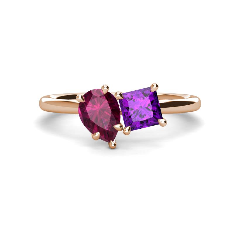 Zoya Pear Shape Rhodolite Garnet & Princess Shape Amethyst 2 Stone Duo Ring 