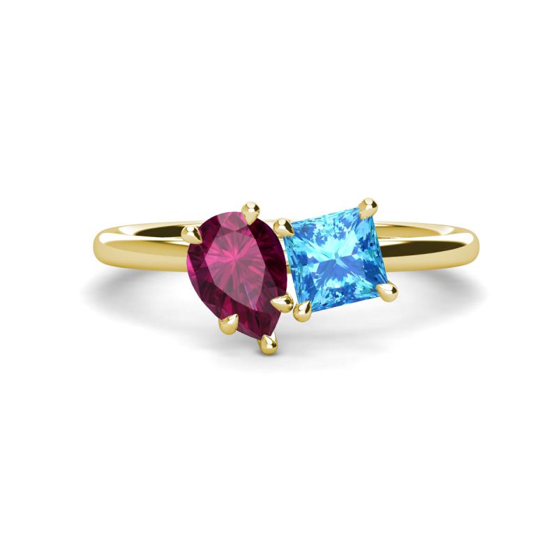 Zoya Pear Shape Rhodolite Garnet & Princess Shape Blue Topaz 2 Stone Duo Ring 