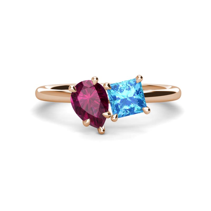 Zoya Pear Shape Rhodolite Garnet & Princess Shape Blue Topaz 2 Stone Duo Ring 