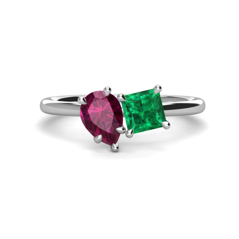 Zoya Pear Shape Rhodolite Garnet & Princess Shape Lab Created Emerald 2 Stone Duo Ring 