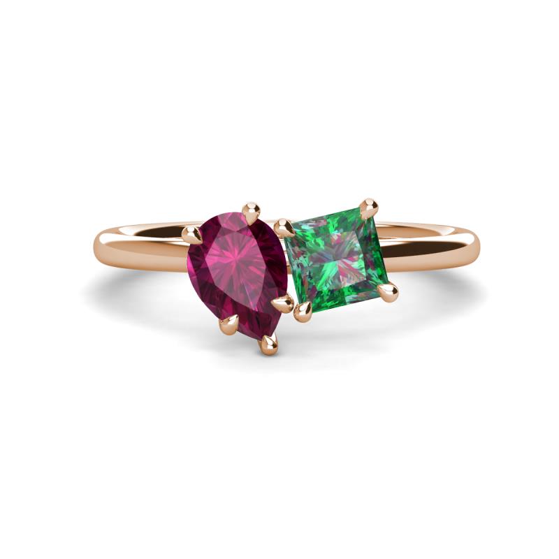 Zoya Pear Shape Rhodolite Garnet & Princess Shape Lab Created Alexandrite 2 Stone Duo Ring 