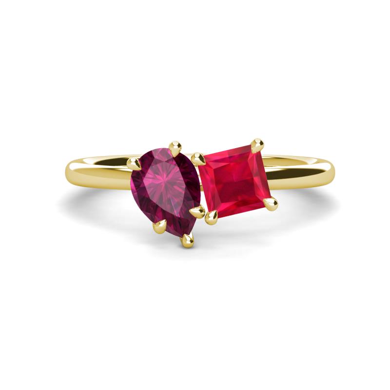 Zoya Pear Shape Rhodolite Garnet & Princess Shape Lab Created Ruby 2 Stone Duo Ring 