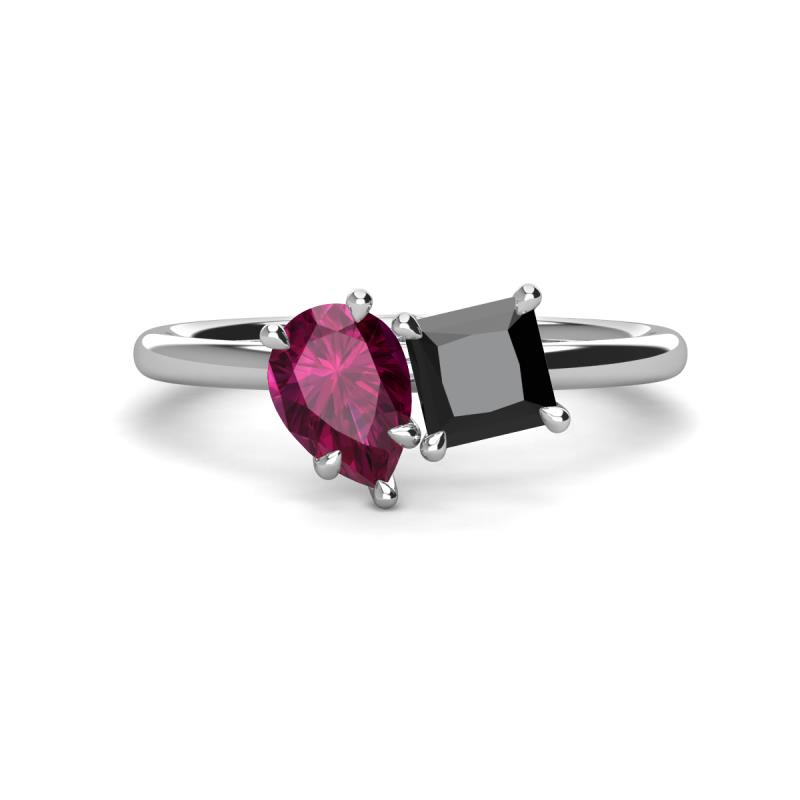 Zoya Pear Shape Rhodolite Garnet & Princess Shape Black Diamond 2 Stone Duo Ring 