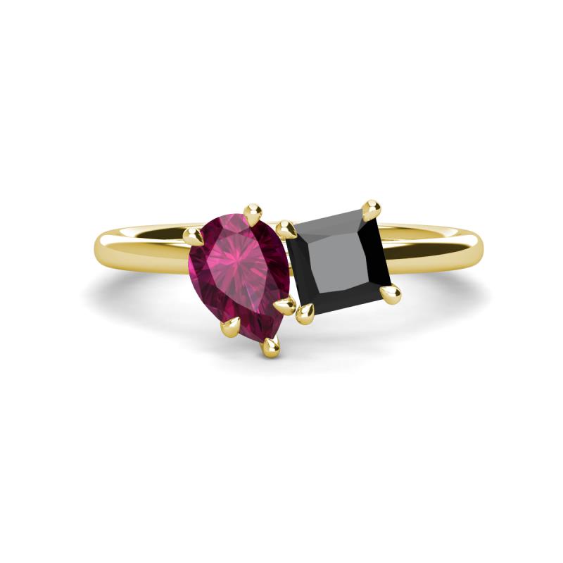 Zoya Pear Shape Rhodolite Garnet & Princess Shape Black Diamond 2 Stone Duo Ring 