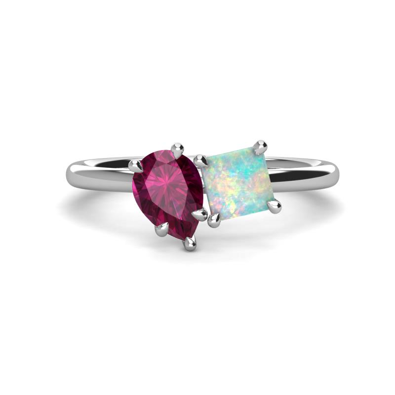 Zoya Pear Shape Rhodolite Garnet & Princess Shape Lab Created Opal 2 Stone Duo Ring 
