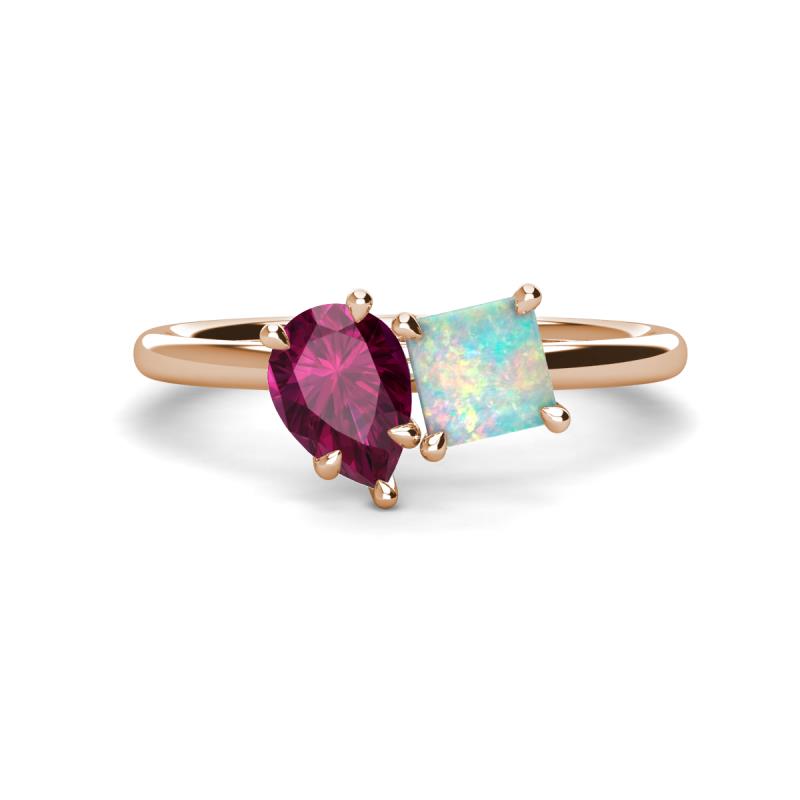 Zoya Pear Shape Rhodolite Garnet & Princess Shape Lab Created Opal 2 Stone Duo Ring 