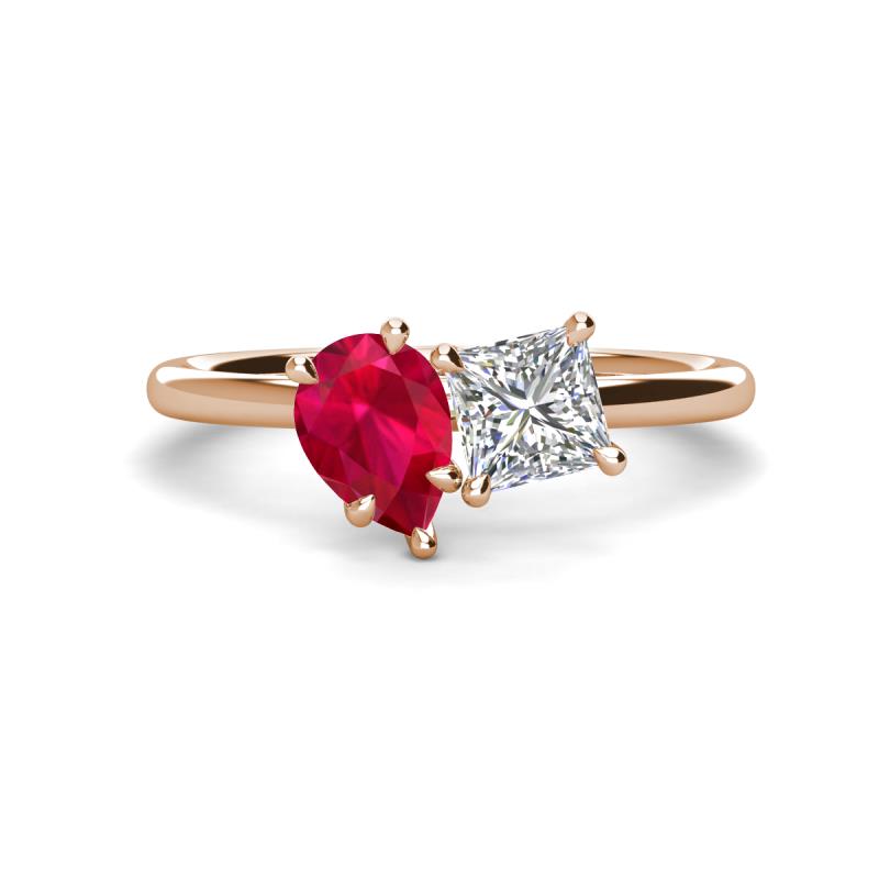 Zoya Pear Shape Ruby & Princess Shape Certified Diamond 2 Stone Duo Ring 