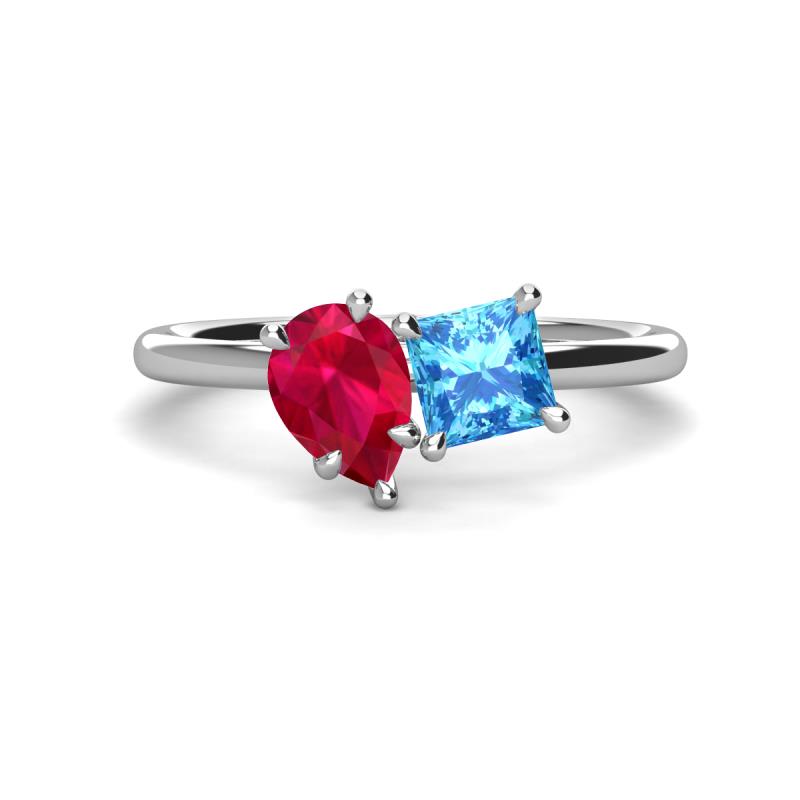 Zoya Pear Shape Ruby & Princess Shape Blue Topaz 2 Stone Duo Ring 