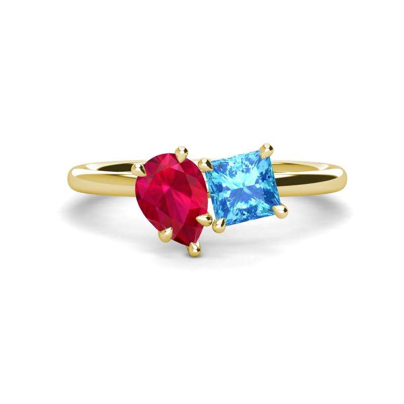 Zoya Pear Shape Ruby & Princess Shape Blue Topaz 2 Stone Duo Ring 