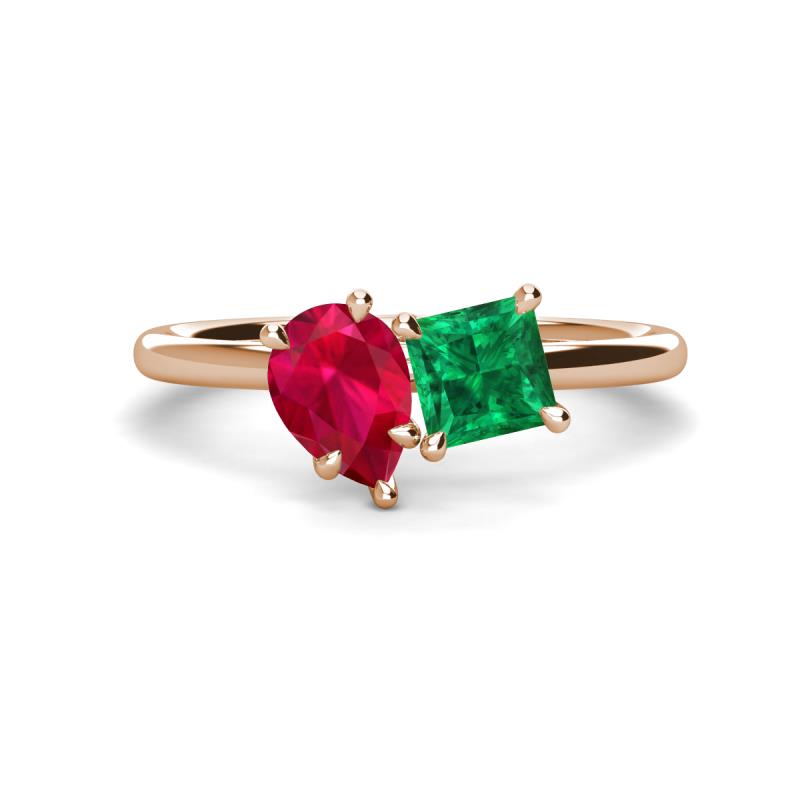 Zoya Pear Shape Ruby & Princess Shape Lab Created Emerald 2 Stone Duo Ring 