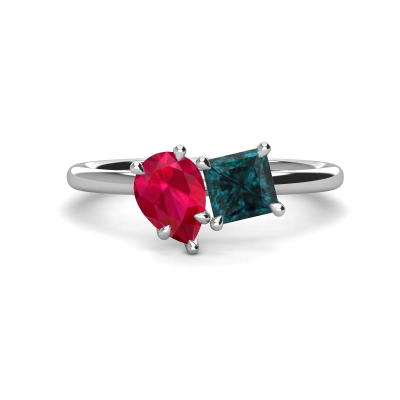 Zoya Pear Shape Ruby & Princess Shape London Blue Topaz 2 Stone Duo Ring 