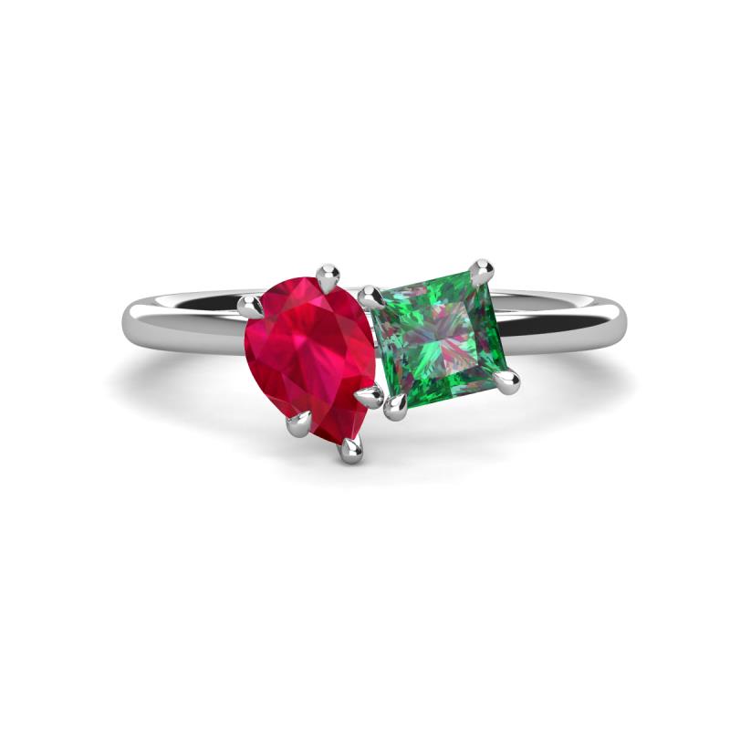 Zoya Pear Shape Ruby & Princess Shape Lab Created Alexandrite 2 Stone Duo Ring 