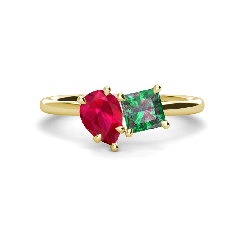 Zoya Pear Shape Ruby & Princess Shape Lab Created Alexandrite 2 Stone Duo Ring 
