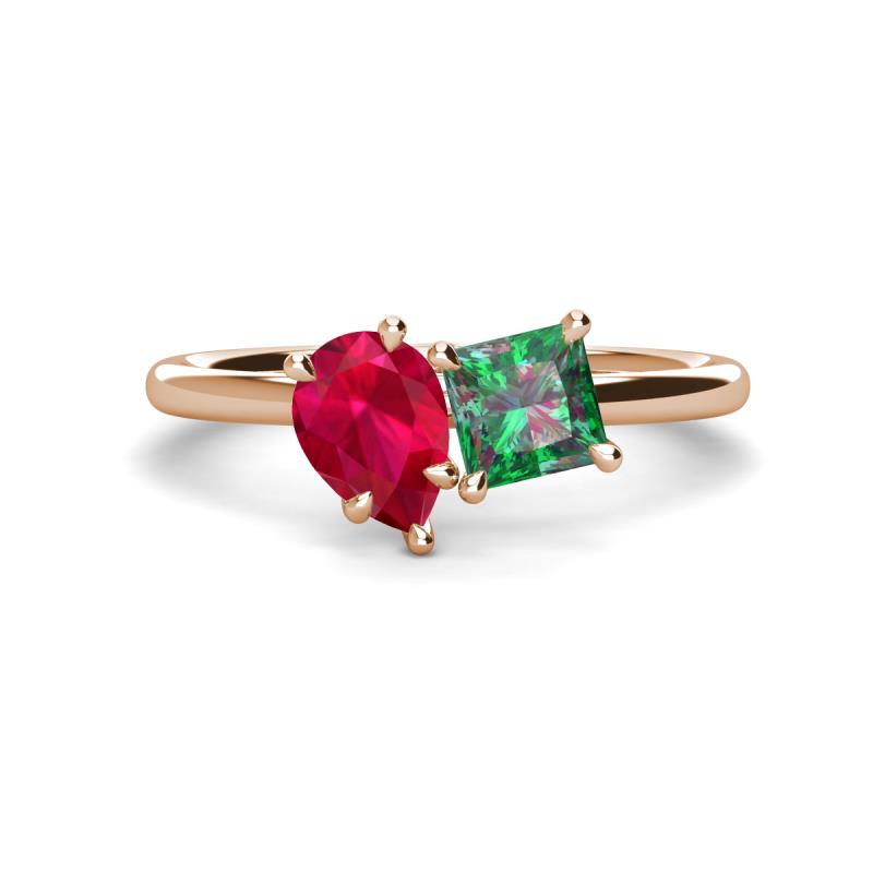 Zoya Pear Shape Ruby & Princess Shape Lab Created Alexandrite 2 Stone Duo Ring 
