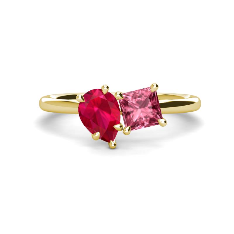 Zoya Pear Shape Ruby & Princess Shape Pink Tourmaline 2 Stone Duo Ring 